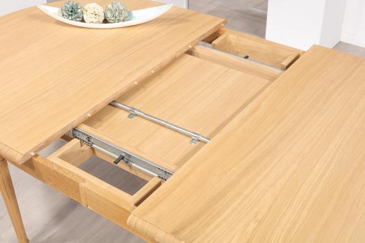 Mesa ovalada de roble macizo de estilo Luis XVI con 2 extensiones de 39 cm Apertura sincronizada del tablero 