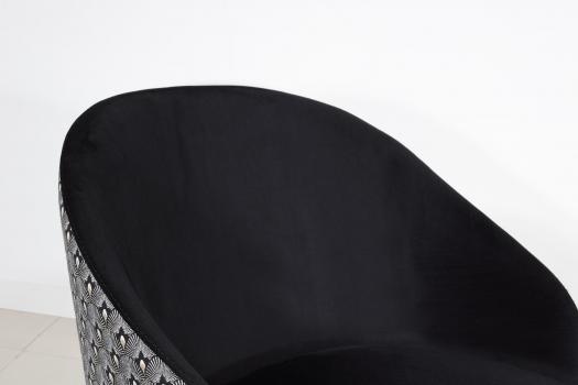 Fauteuil Cabriolet Alban avec son intérieur Noir (suédine) Tissu fantaisie pour l'extérieur,  4 pieds en hêtre avec base métal doré, (le fauteuil est vendu à l'unité)