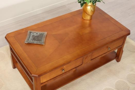 Mesa de centro Flore de madera de cerezo estilo Louis Philippe con tapa de marquetería