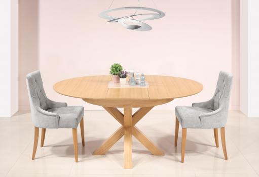 Mesa redonda contemporánea Romain, diámetro 120 cm de roble con una pata central y una extensión de 50 cm