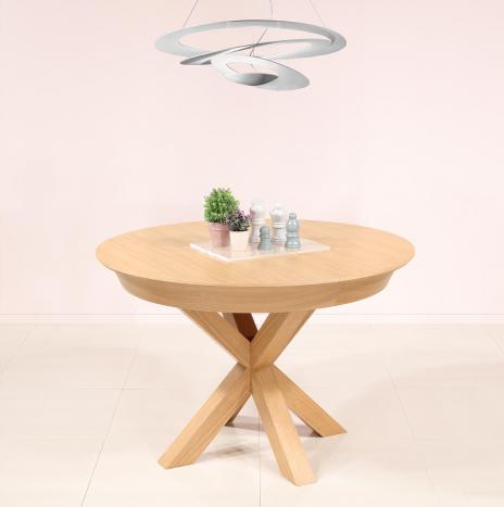 Mesa redonda contemporánea Romain, diámetro 120 cm de roble con una pata central y una extensión de 50 cm