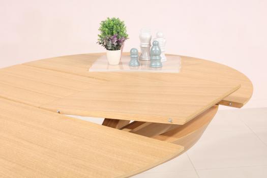Mesa redonda contemporánea Romain, diámetro 120 cm de roble con una pata central y una extensión de 50 cm
