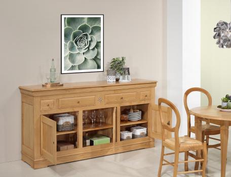 Aparador Comedor Quentin de 3 puertas y 4 cajones fabricado en madera de roble macizo al estilo Louis Philippe 