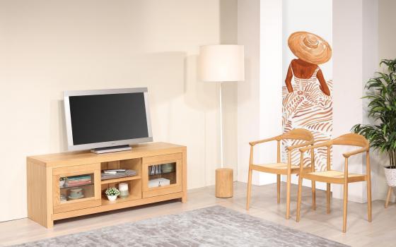 Mueble de TV de 2 puertas de cristal en Roble macizo de estilo Contemporáneo Longitud 160 cm  