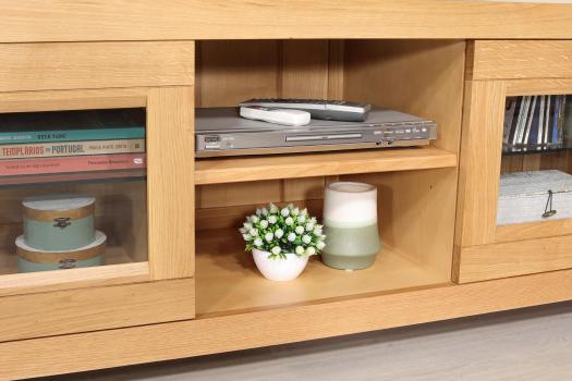 Mueble de TV de 2 puertas de cristal en Roble macizo de estilo Contemporáneo Longitud 160 cm  