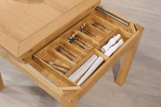 Mesa de comedor de roble macizo 90x90 de estilo contemporáneo, tablero abierto 180x90