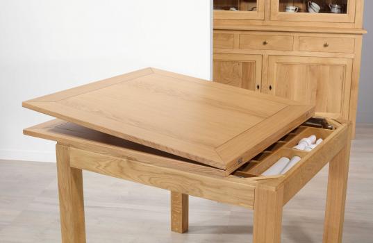 Mesa de comedor de roble macizo 90x90 de estilo contemporáneo, tablero abierto 180x90